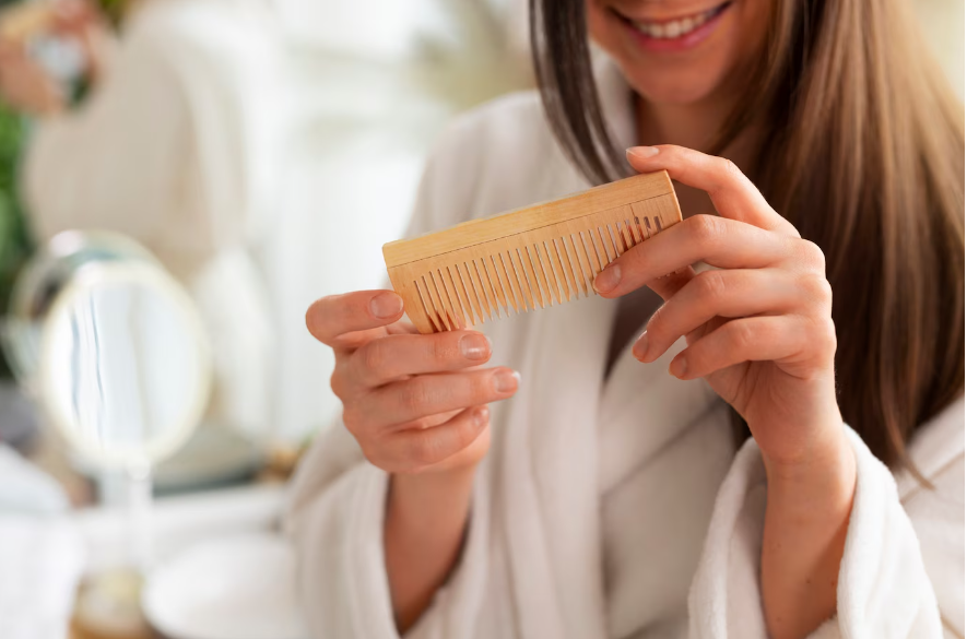 Peine de madera sobre las dos manos